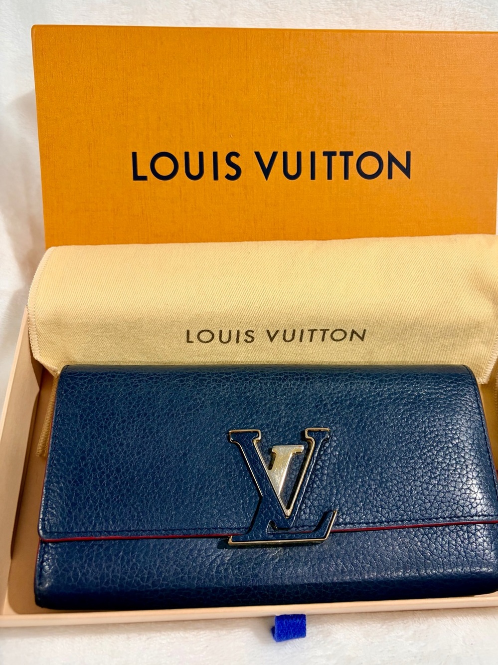 Louis Vuitton Navy Blue Capucines Leather Long Wallet with LV Logo Box & Dustbag